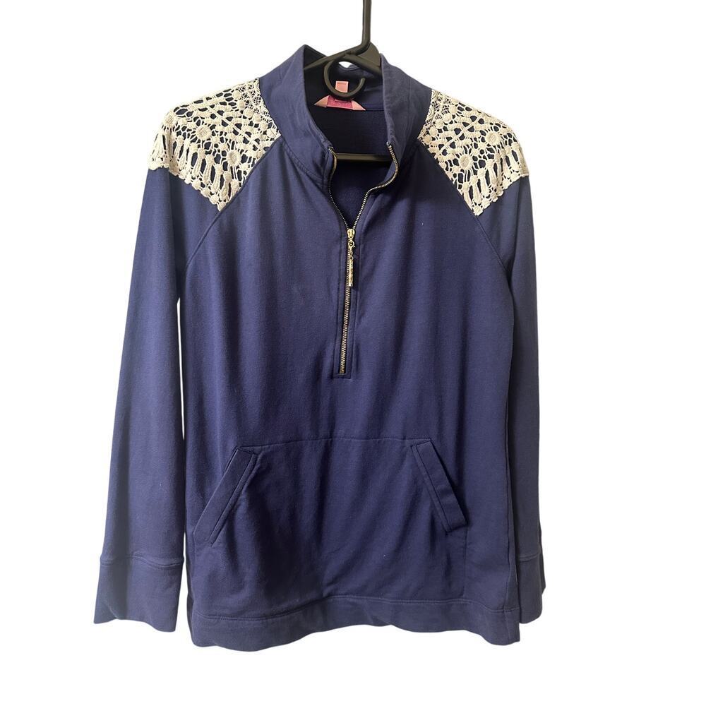 Lilly Pulitzer Skipper Popover Small Navy Blue Crochet Lace Quarter Zip Pullover - Picture 2 of 7